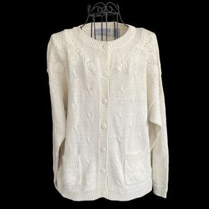 Northern Isles Hand Embroidered Vintage Cream Button Cardigan Sweater Large